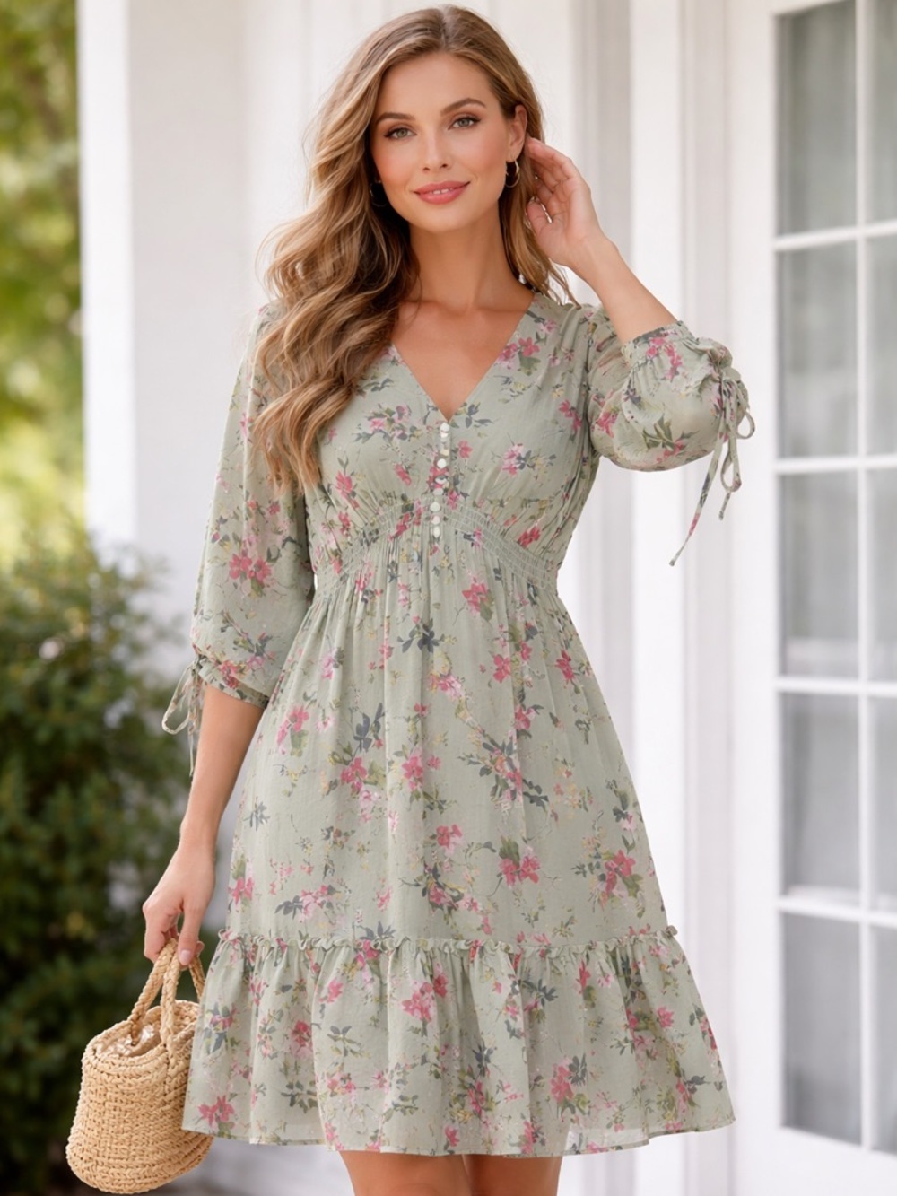 Taylor Light Sage Floral Dress with Pink Blossoms